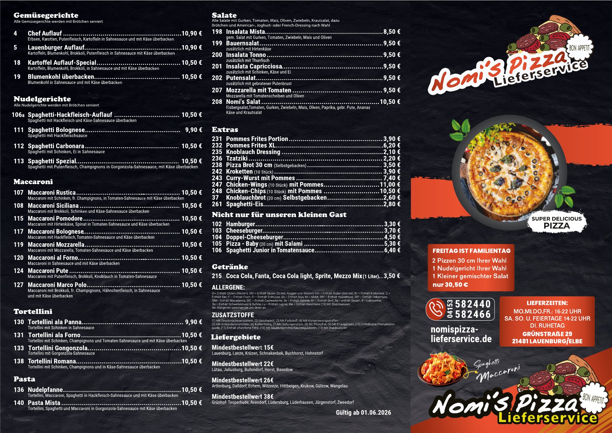 Nomi's Pizza Speisekarte Vorderseite
